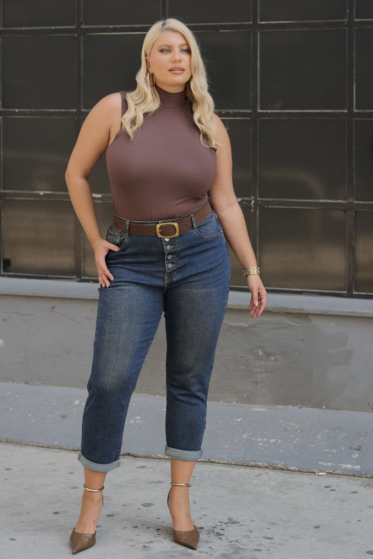 Jean παντελόνι ελαστικό mom fit εξωτερικά κουμπιά μπλε