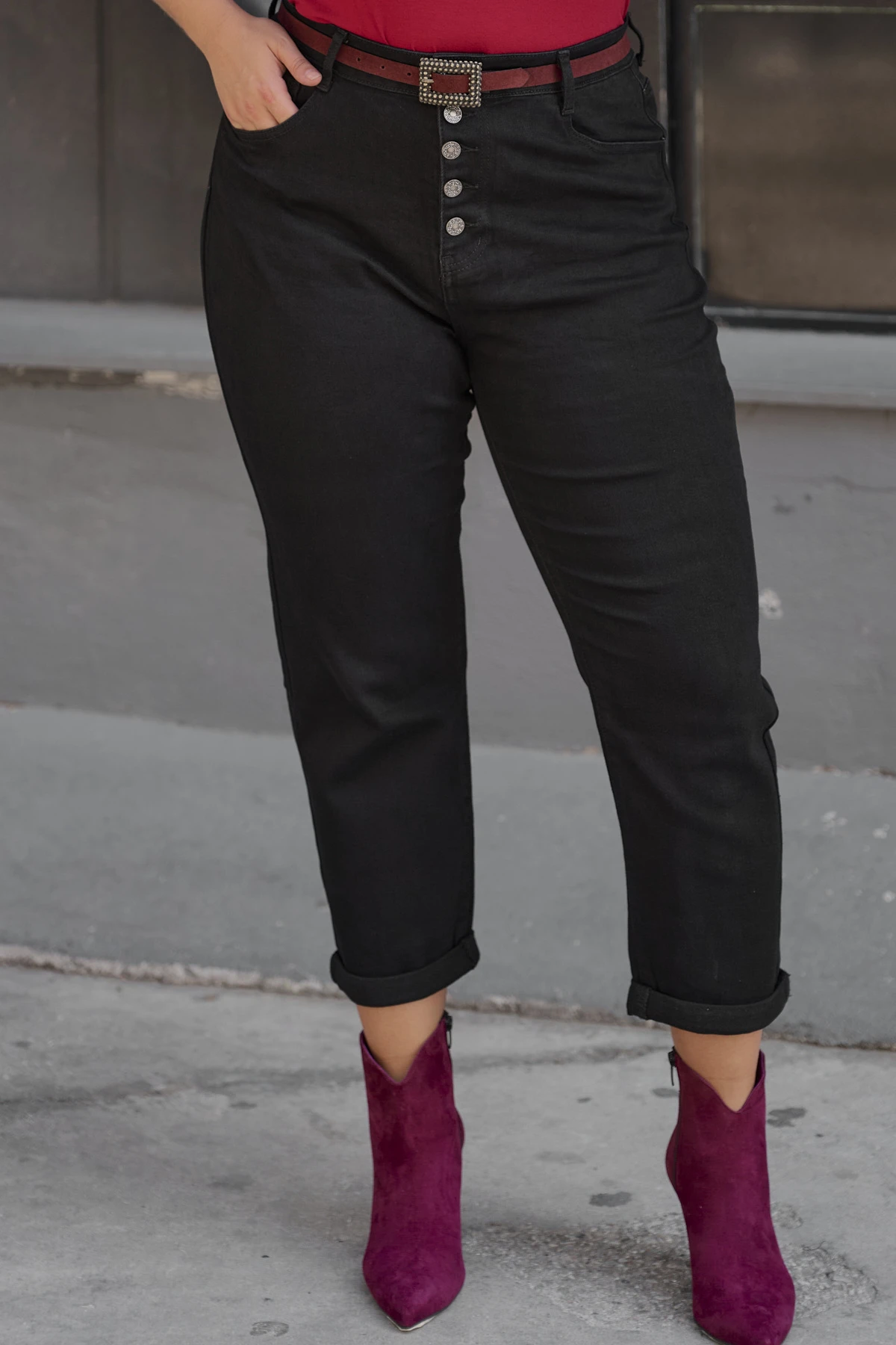Jean παντελόνι ελαστικό mom fit εξωτερικά κουμπιά μαύρο