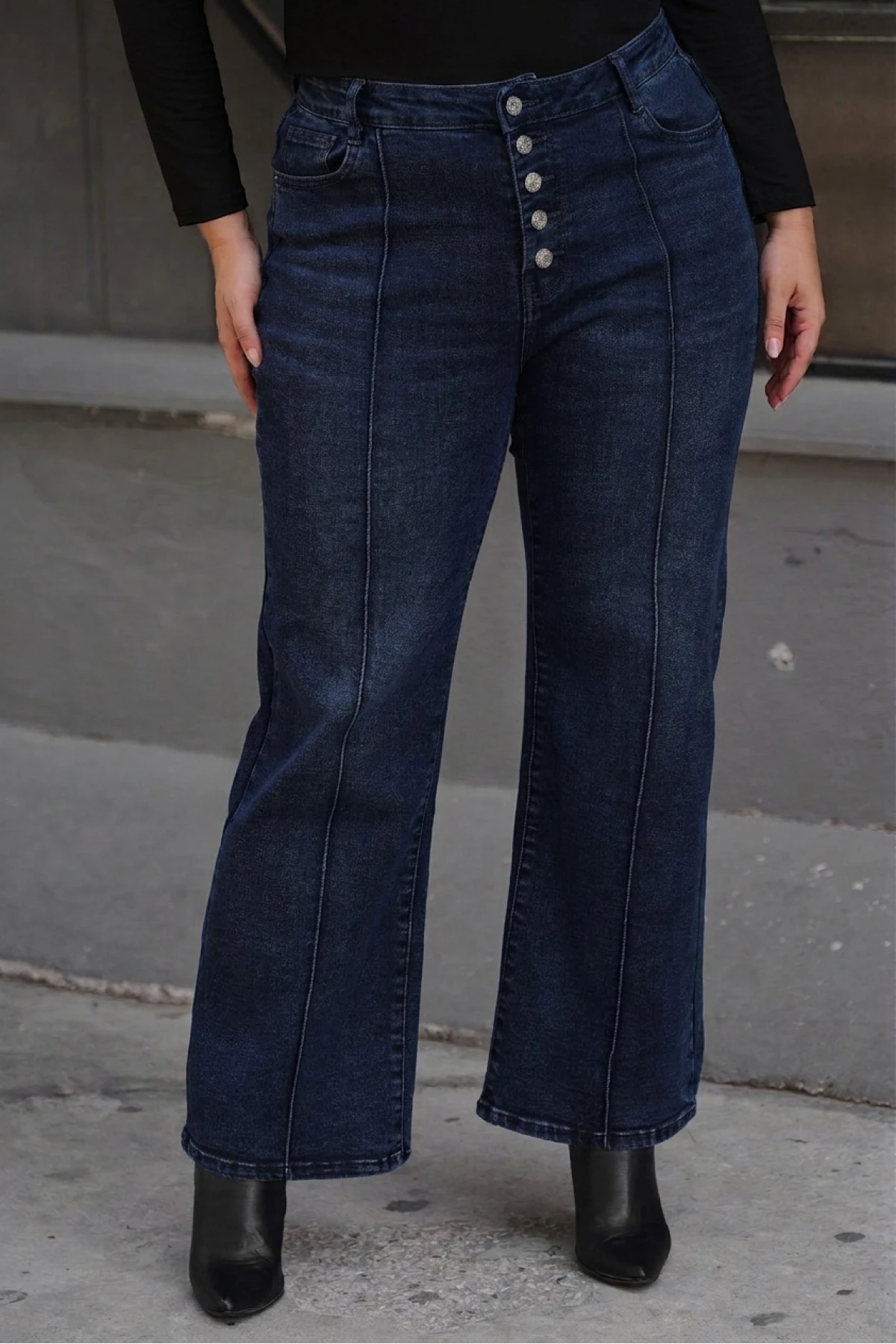 Jean παντελόνι ελαστικό wide leg με ραφή μπροστά και εξωτερικά κουμπιά μπλε