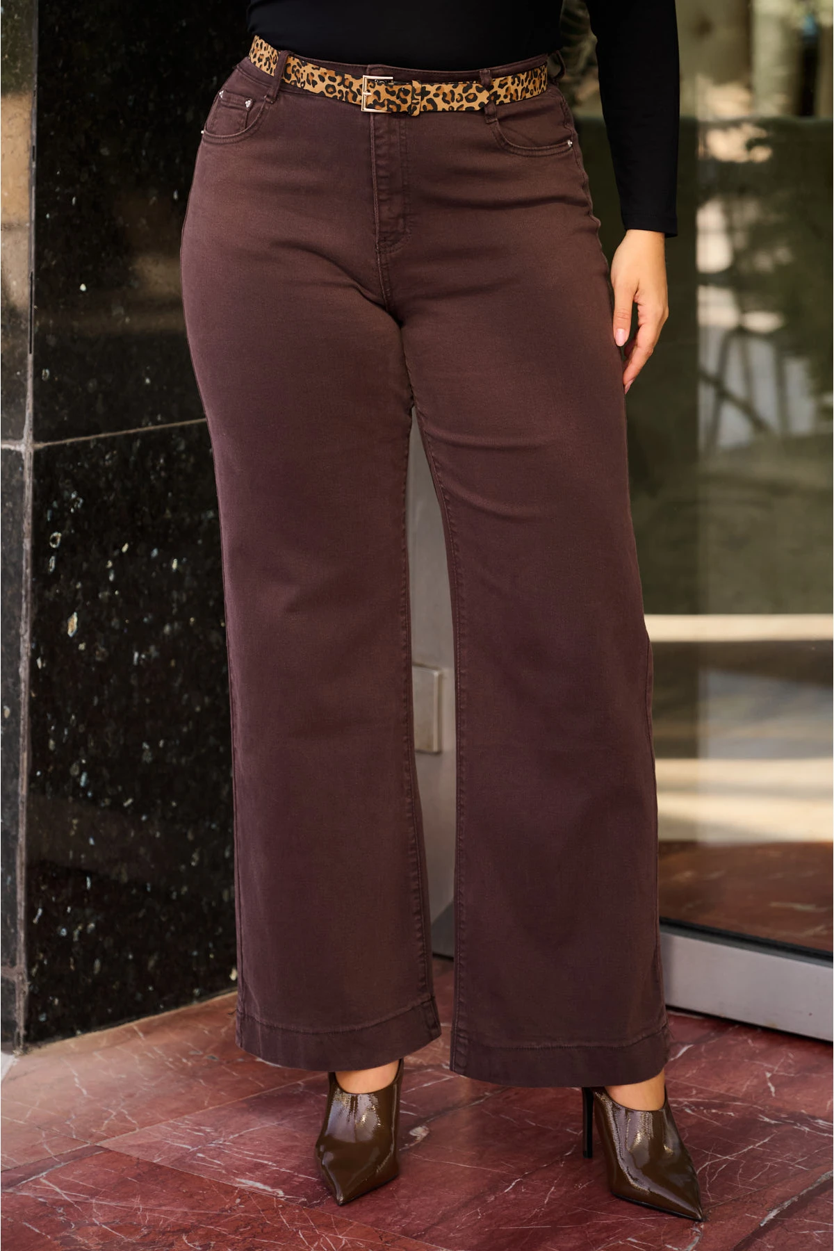 Jean παντελόνι wide leg ελαστικό καφέ
