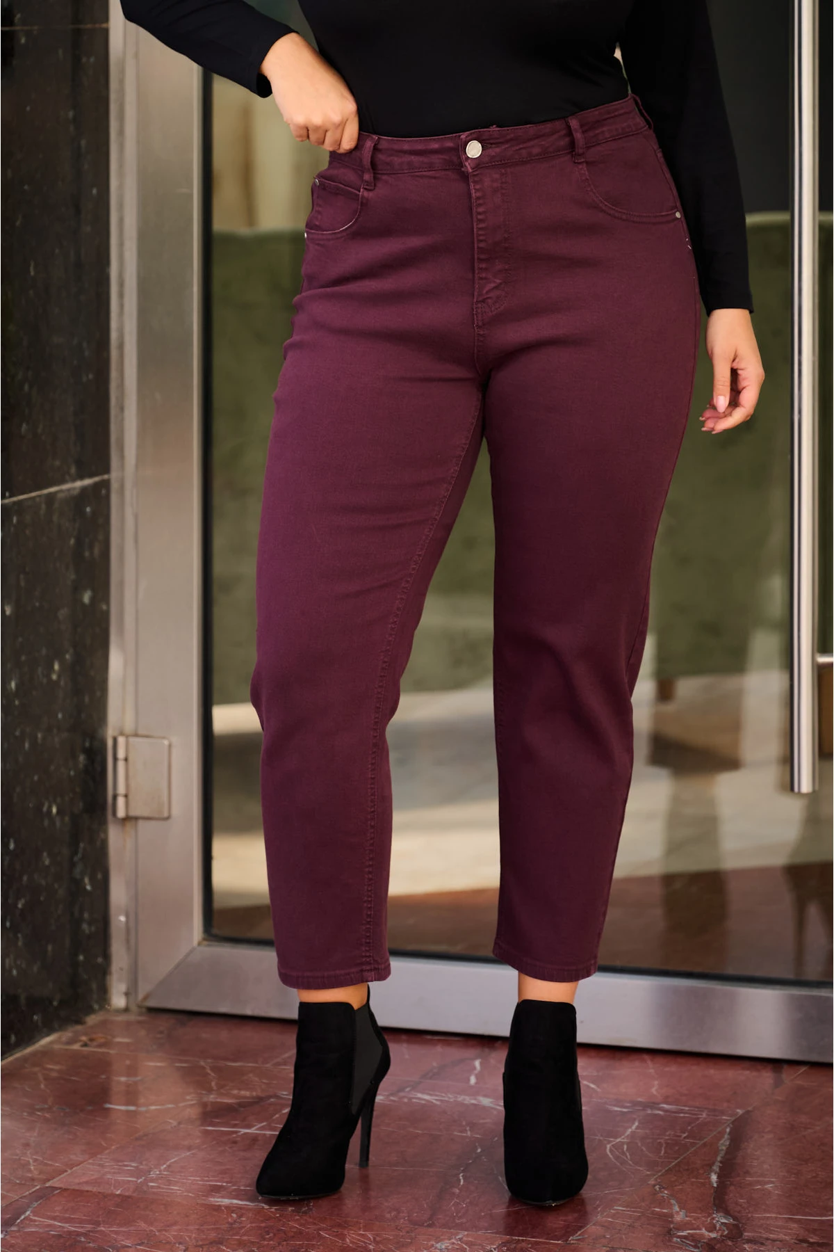 Jean παντελόνι mom fit  ελαστικό μπορντό