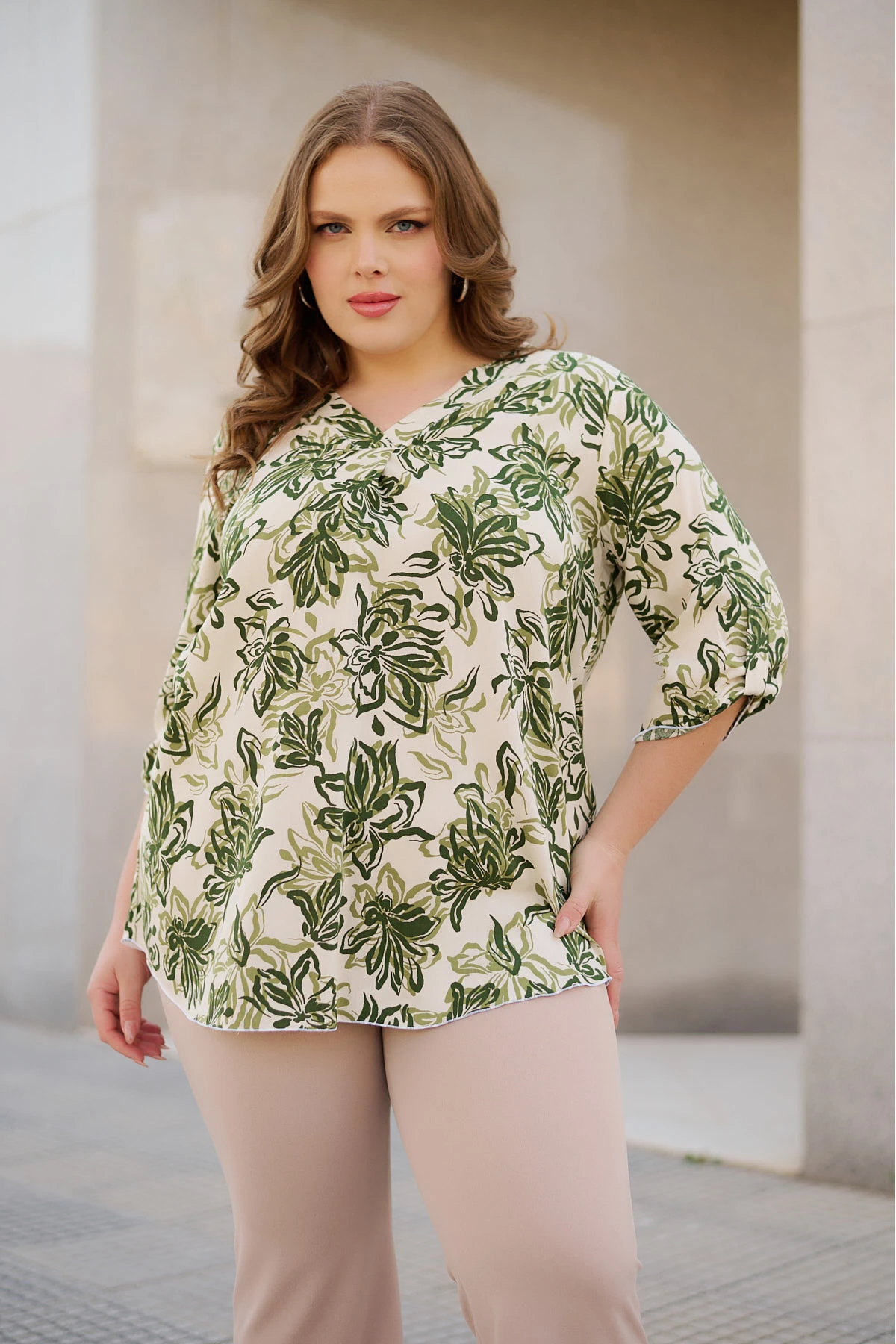 Πουκαμίσα V viscose φλοράλ χακί
