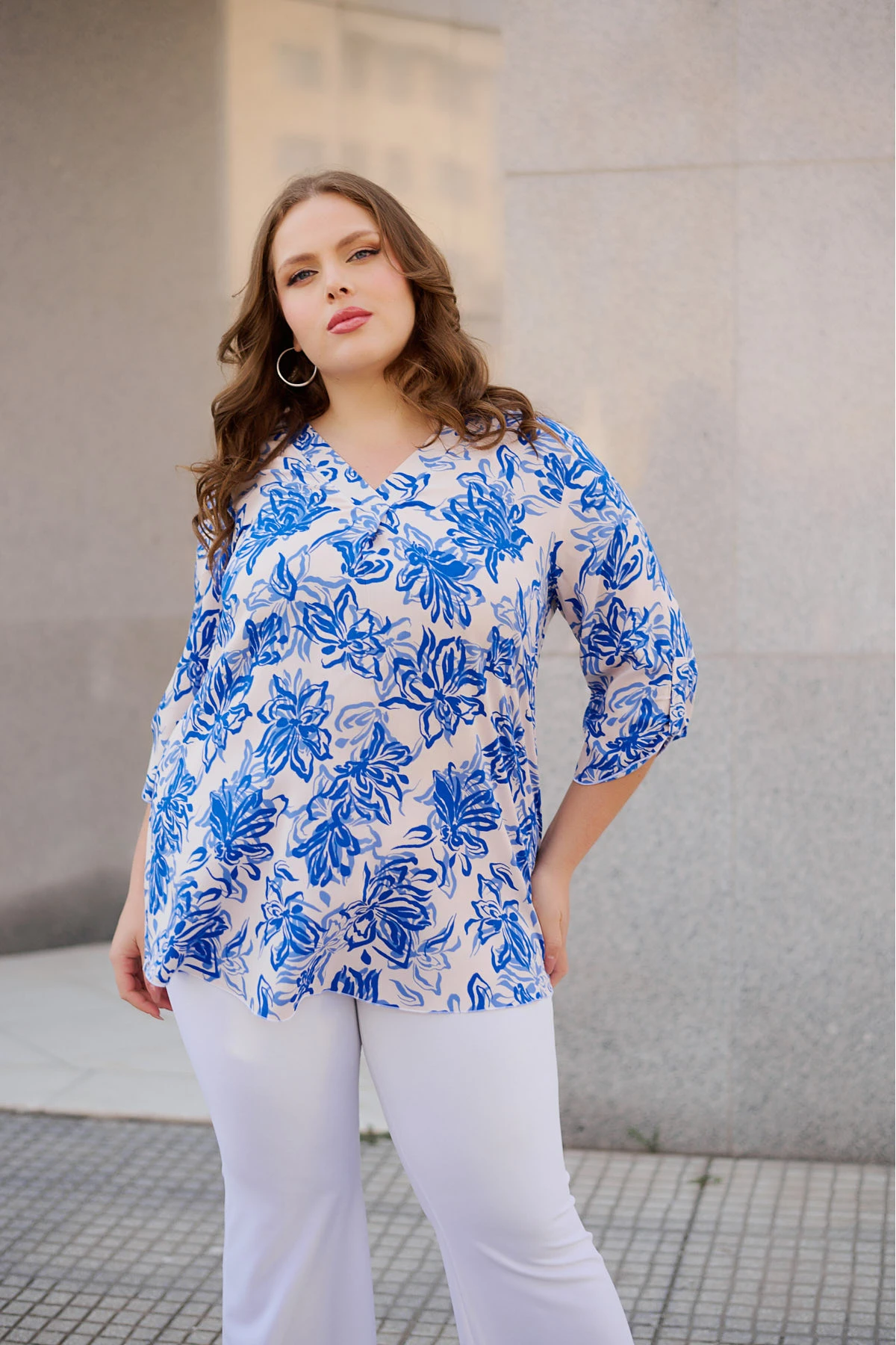 Πουκαμίσα V viscose φλοράλ μπλε