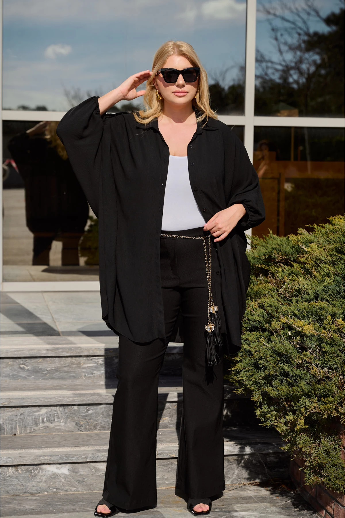 Πουκάμισο τσαλακωτό νυχτερίδα μανίκι μαύρο