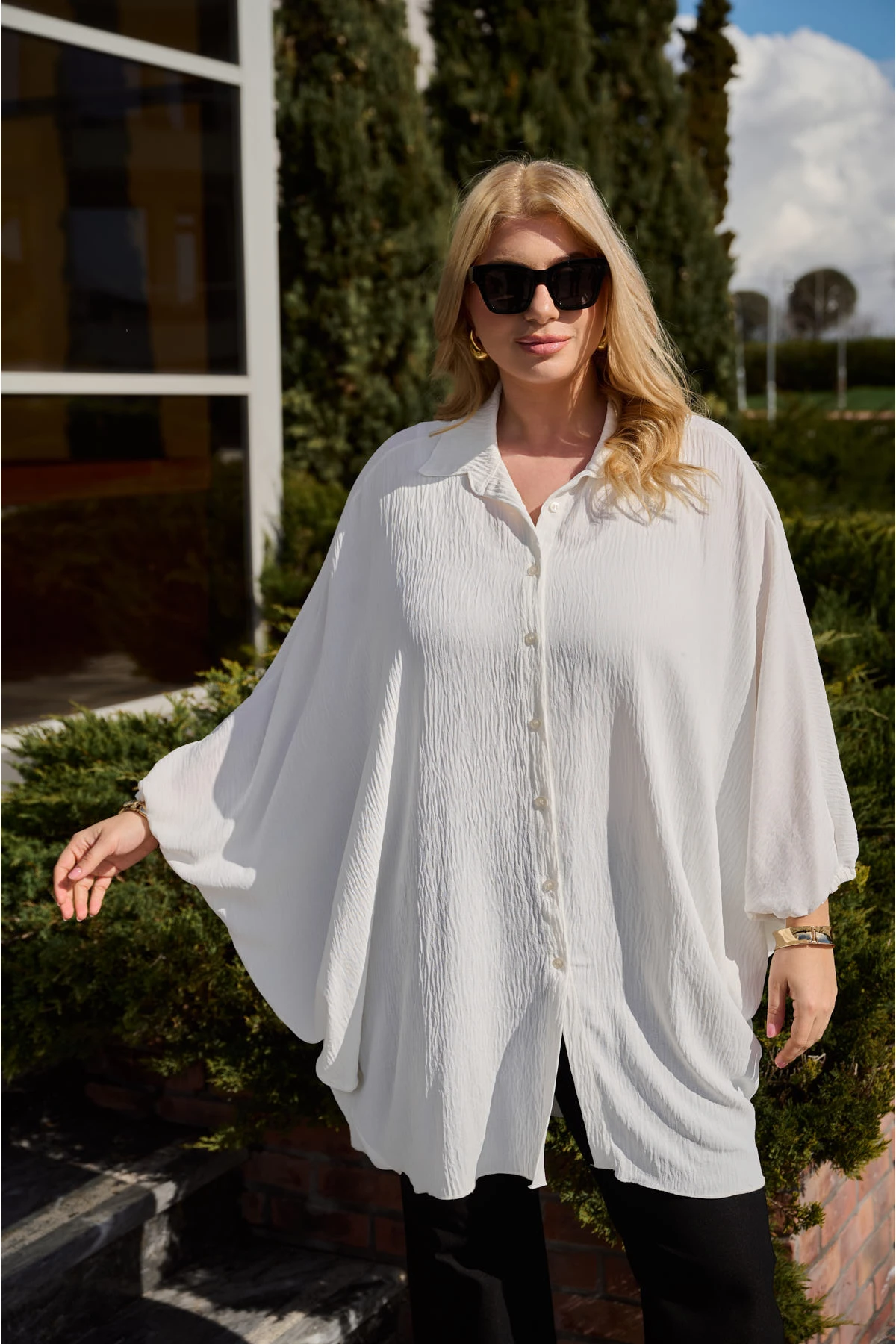 Πουκάμισο τσαλακωτό νυχτερίδα μανίκι λευκό