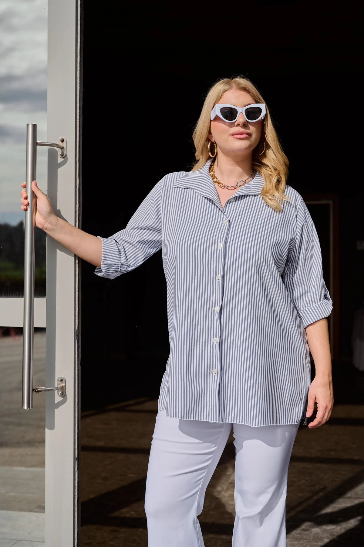 Πουκάμισο τρία τέταρτα μανίκι ριγέ γκρί