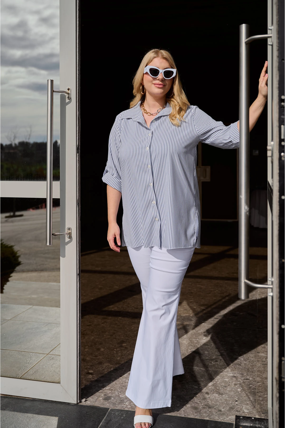 Πουκάμισο τρία τέταρτα μανίκι ριγέ γκρί