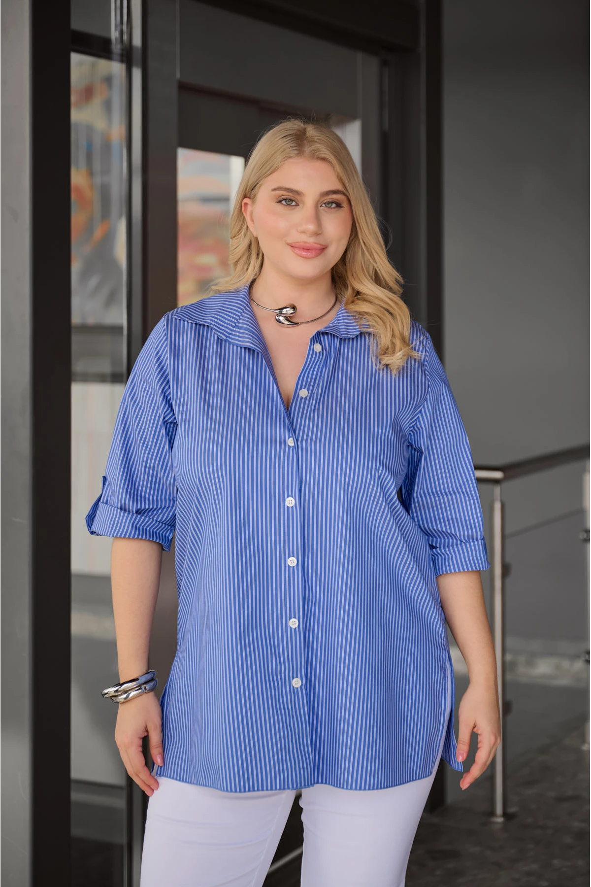 Πουκάμισο τρία τέταρτα μανίκι ριγέ μπλε