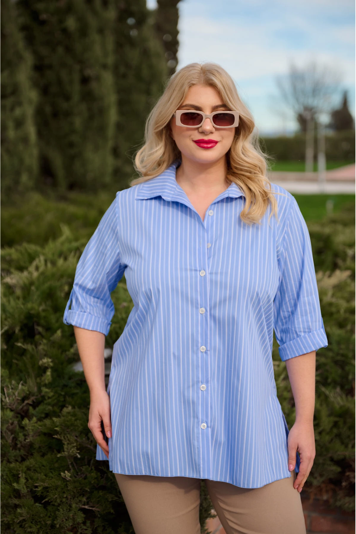 Πουκάμισο τρία τέταρτα μανίκι ριγέ γαλάζιο