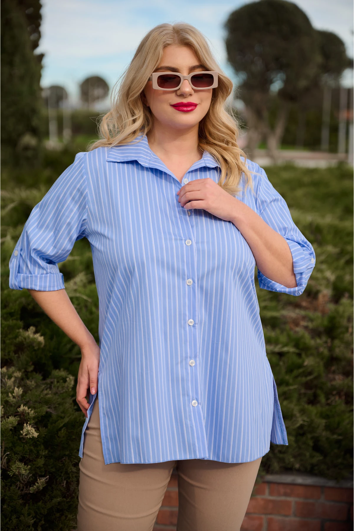 Πουκάμισο τρία τέταρτα μανίκι ριγέ γαλάζιο