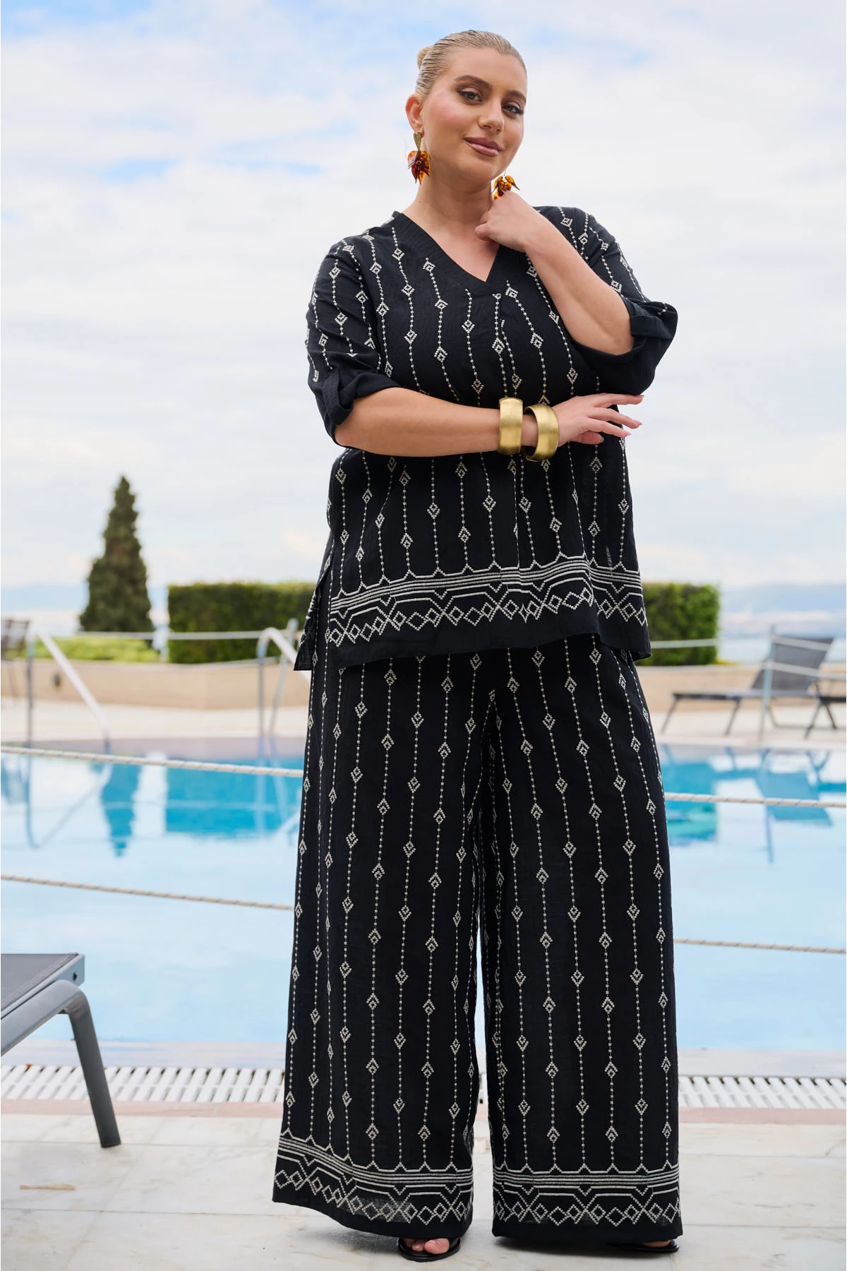 Σετ Resort με κέντημα πουκαμίσα και παντελόνα