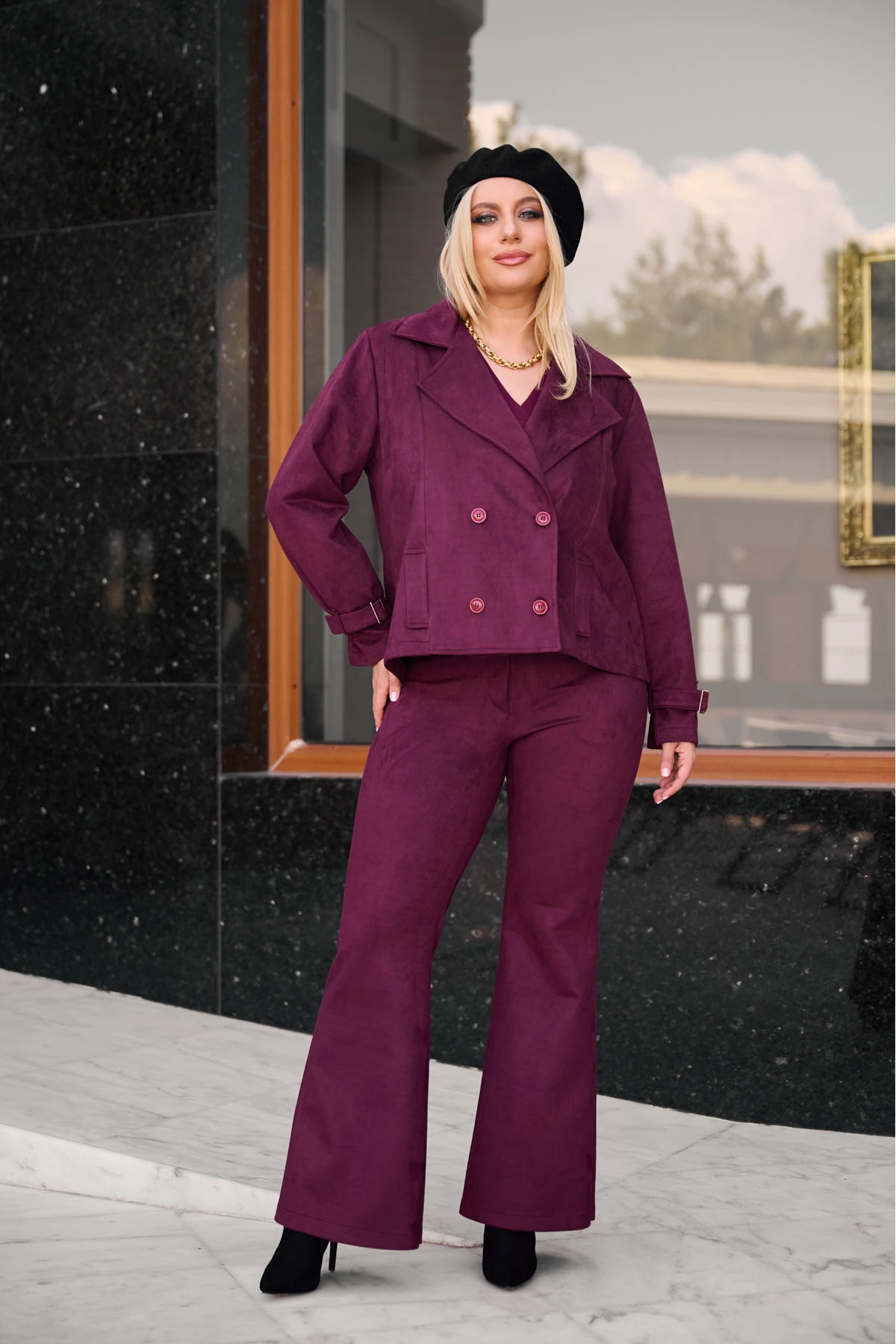 Σακάκι σταυρωτό με 4 κουμπιά σουέτ μπορντό