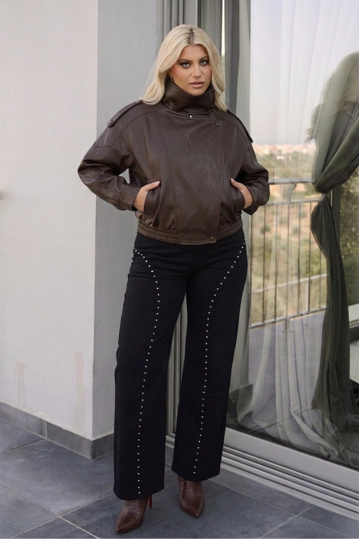 Τζάκετ δερματίνη perfecto bomber με καφέ κουμπιά καφέ