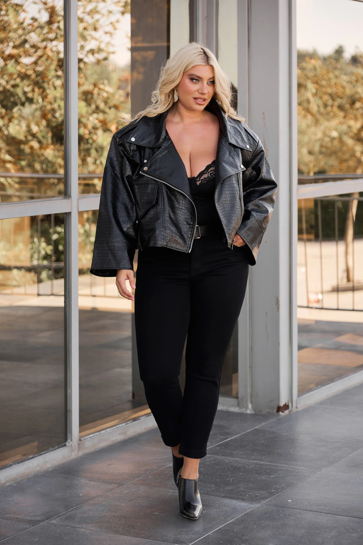 Τζάκετ δερματίνη Croco oversize μαύρο