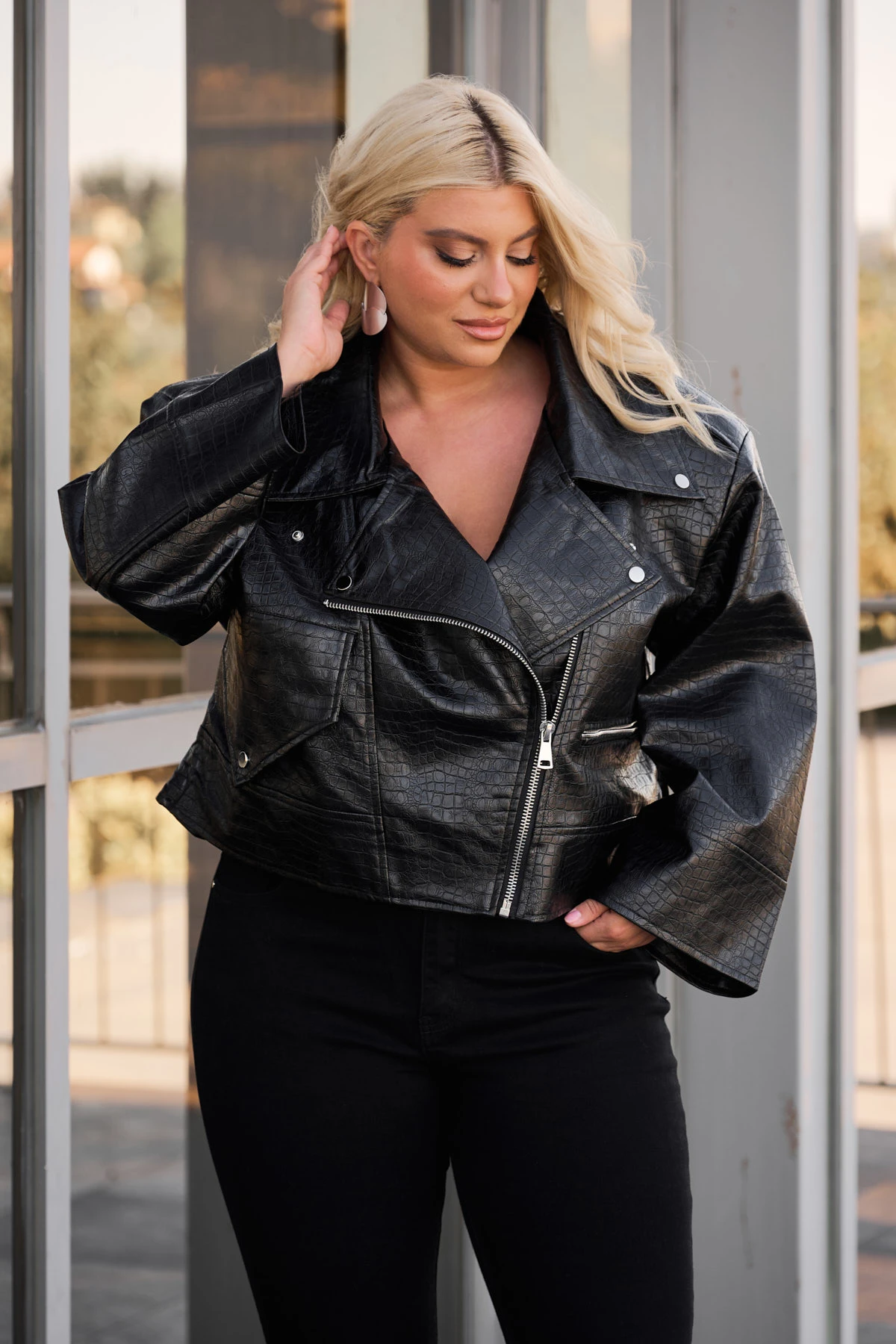 Τζάκετ δερματίνη Croco oversize μαύρο
