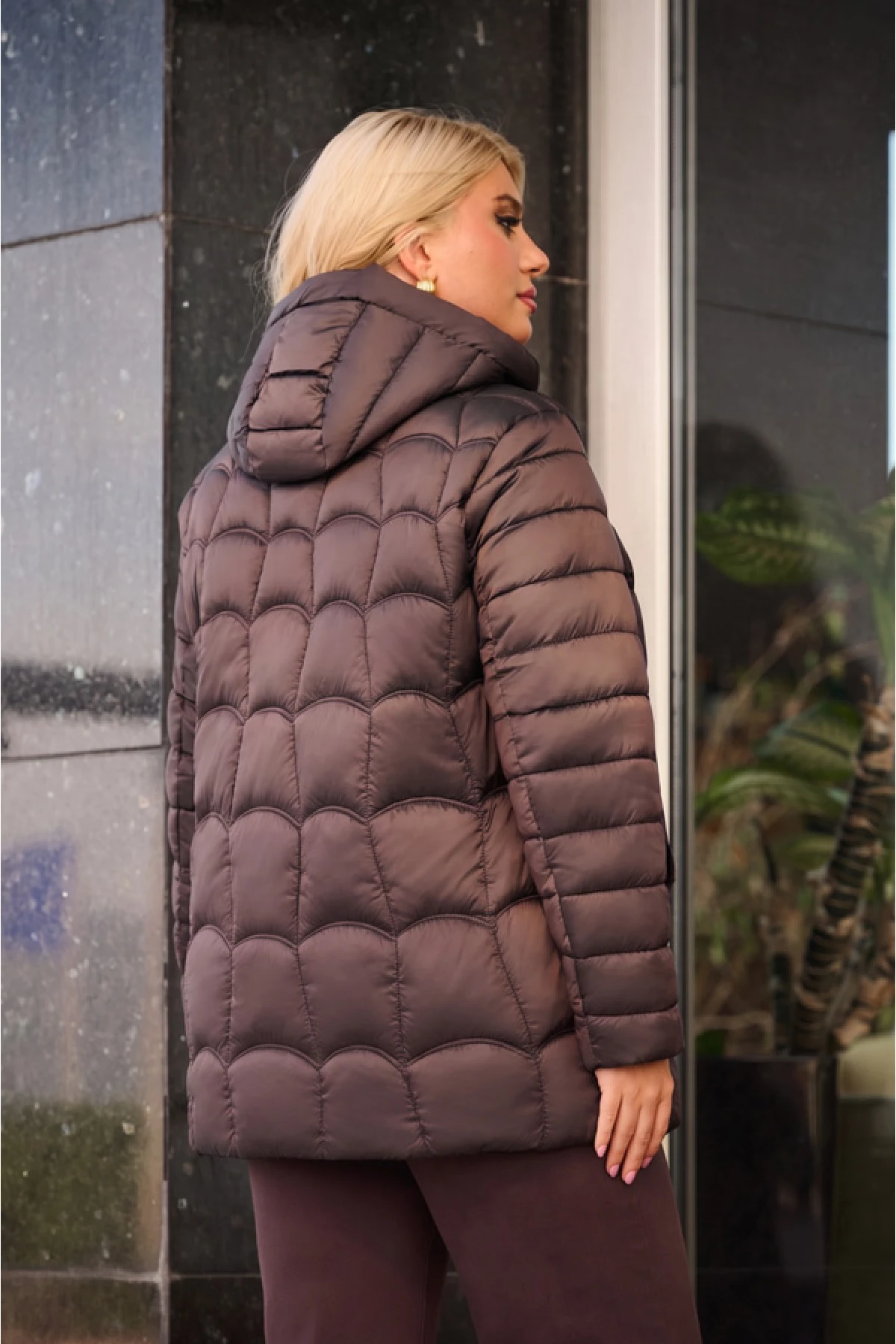 Καπιτονέ Puffer Μπουφάν με αποσπώμενη Κουκούλα καφέ