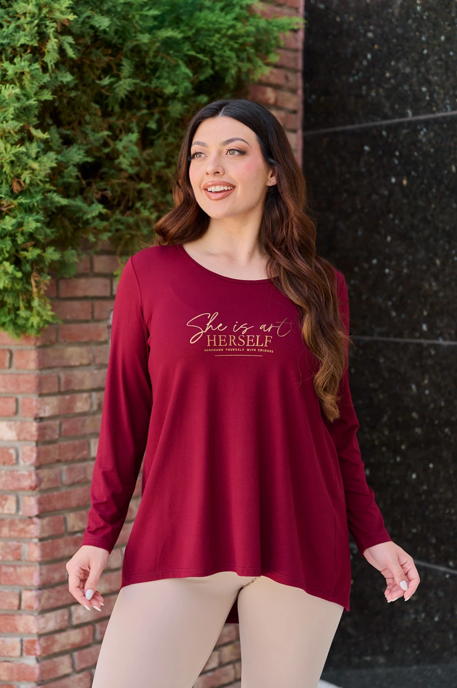 Μπλούζα viscose μακρύ μανίκι με κουφόπιετα πίσω και τύπωμα Herself μπορντό