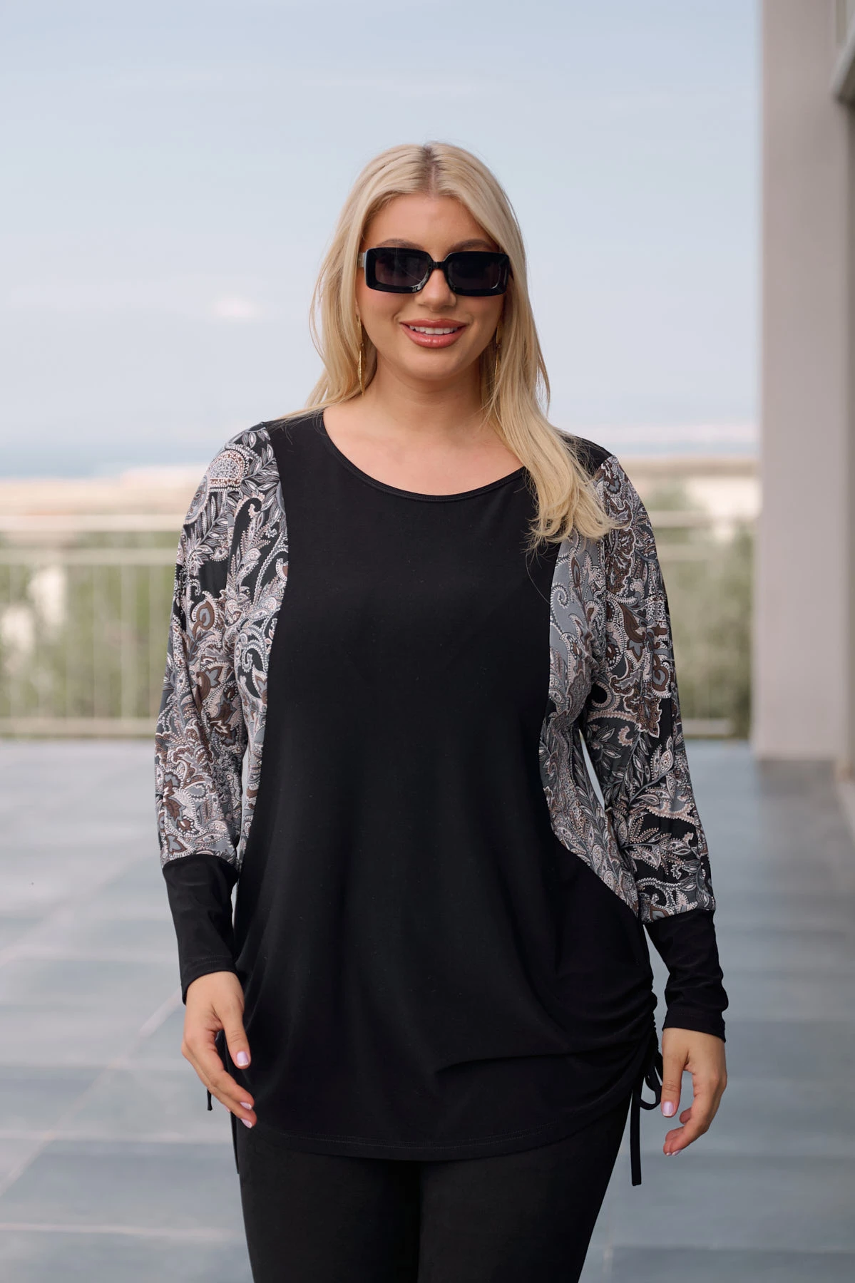 Μπλούζα δίχρωμη νυχτερίδα με σούρες στο πλάι λαχούρ γκρι