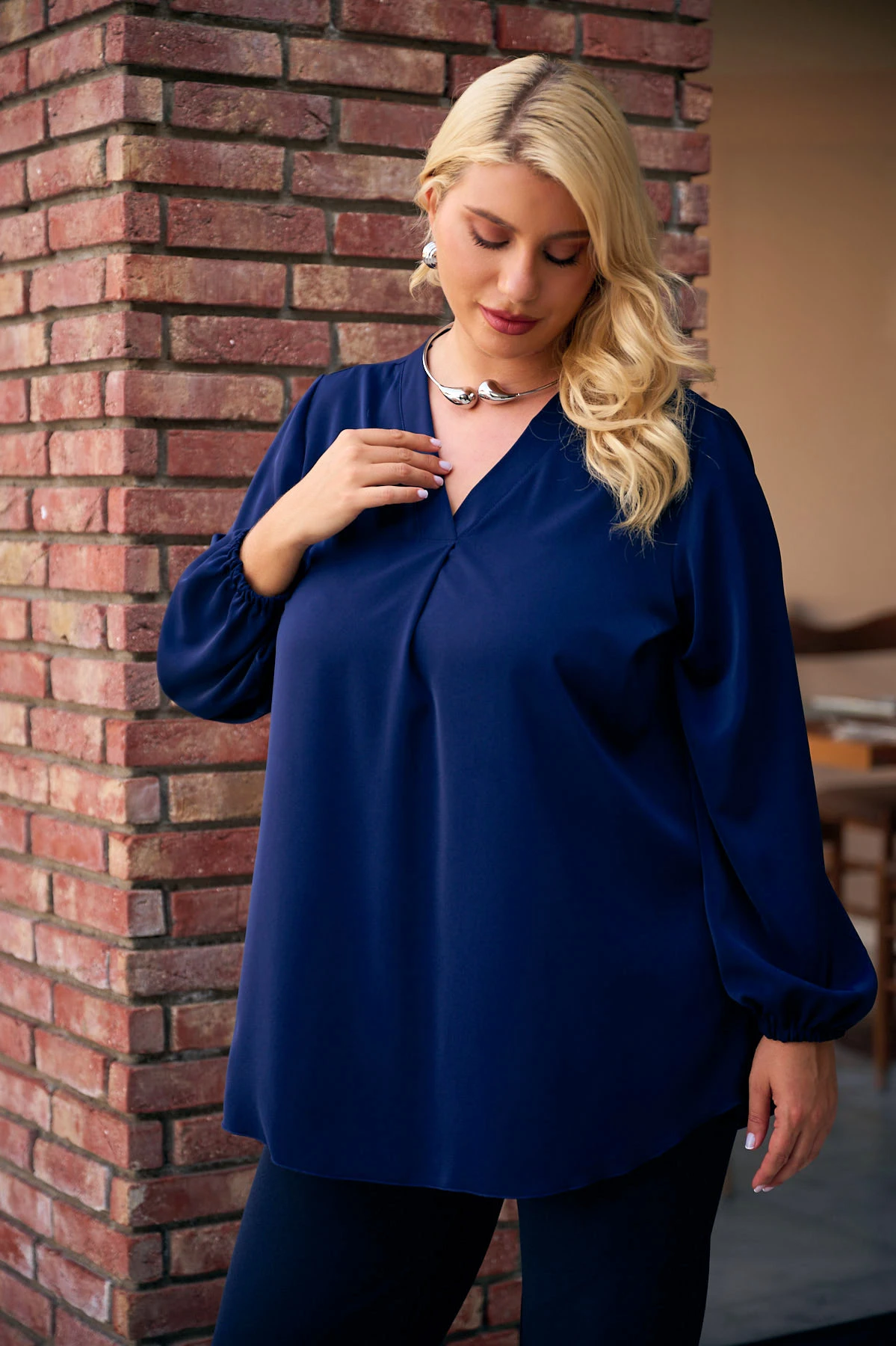 Πουκαμίσα V μακρύ μανίκι λάστιχο μπλε